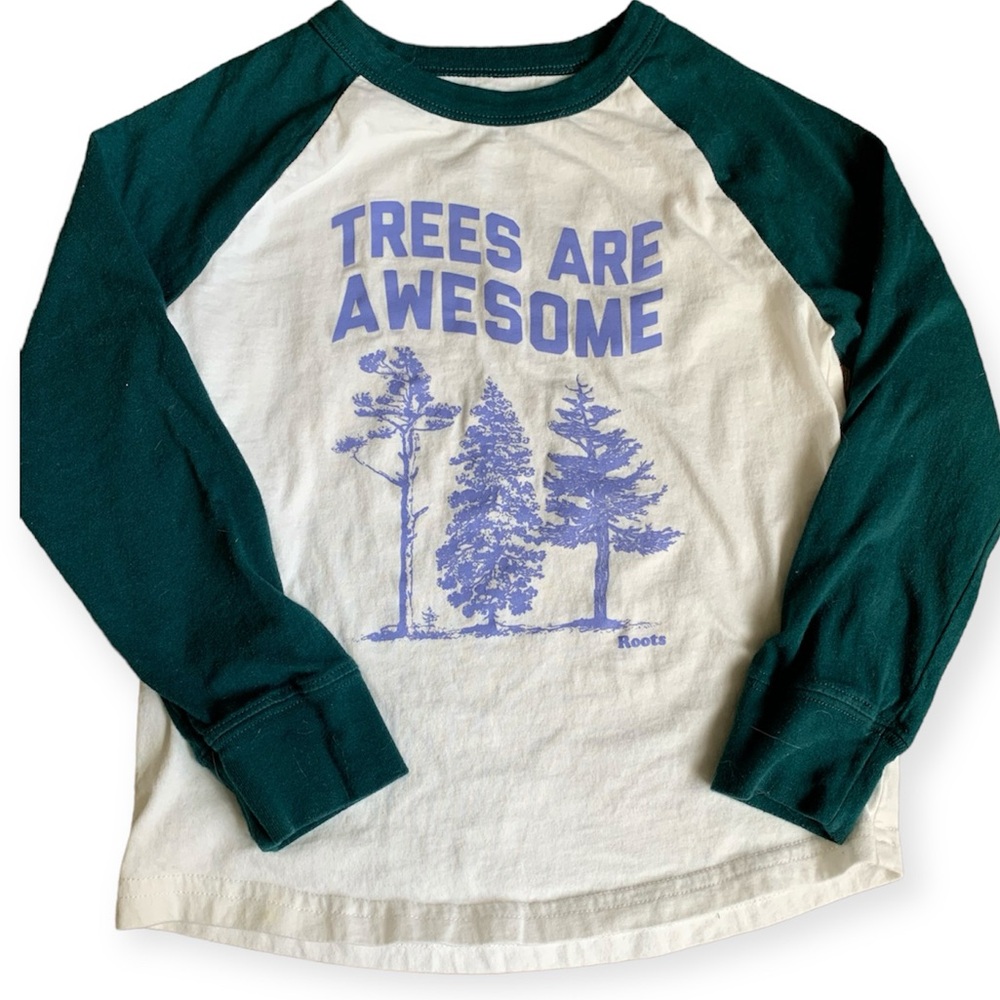 Roots, kids long sleeve tee, size 5t, 100% cotton, white with green sleeves